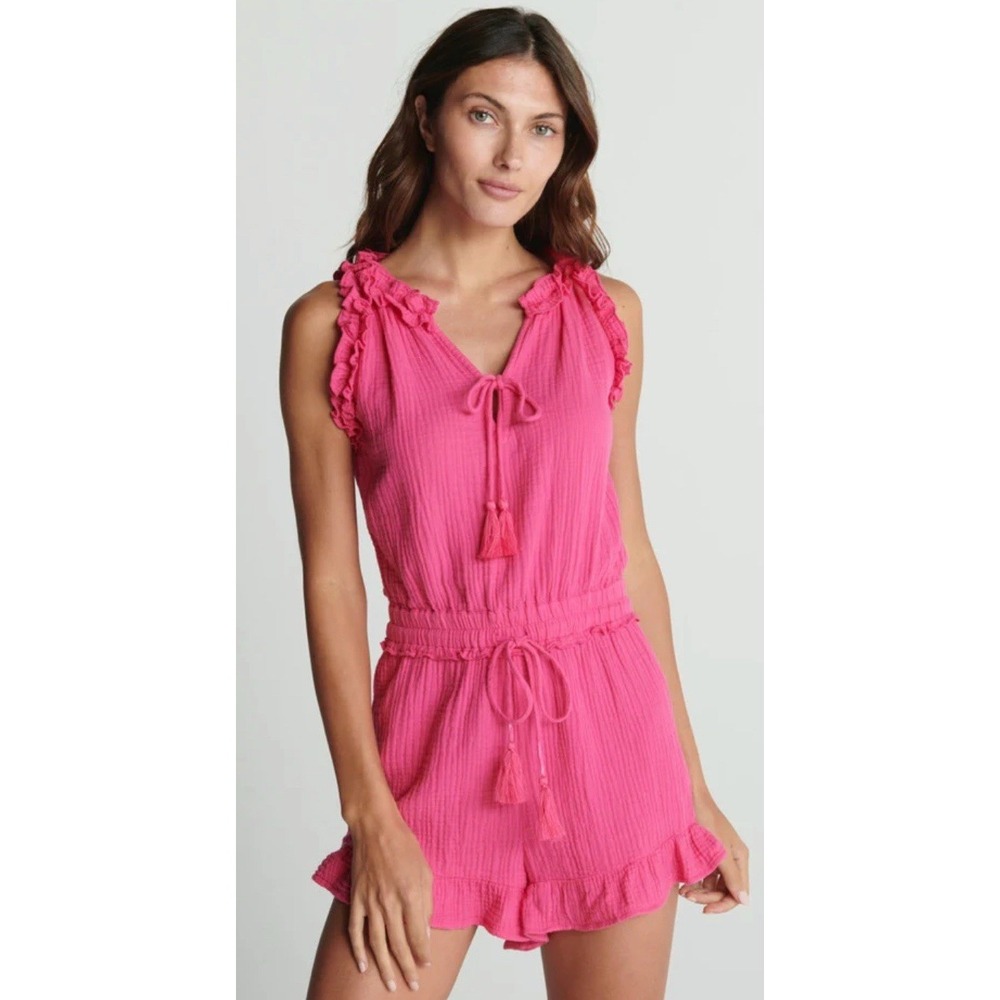 NWT Sundays Hot Pink Siri Romper Sleeveless Ruffle V-Neck Tassels Women's S $216